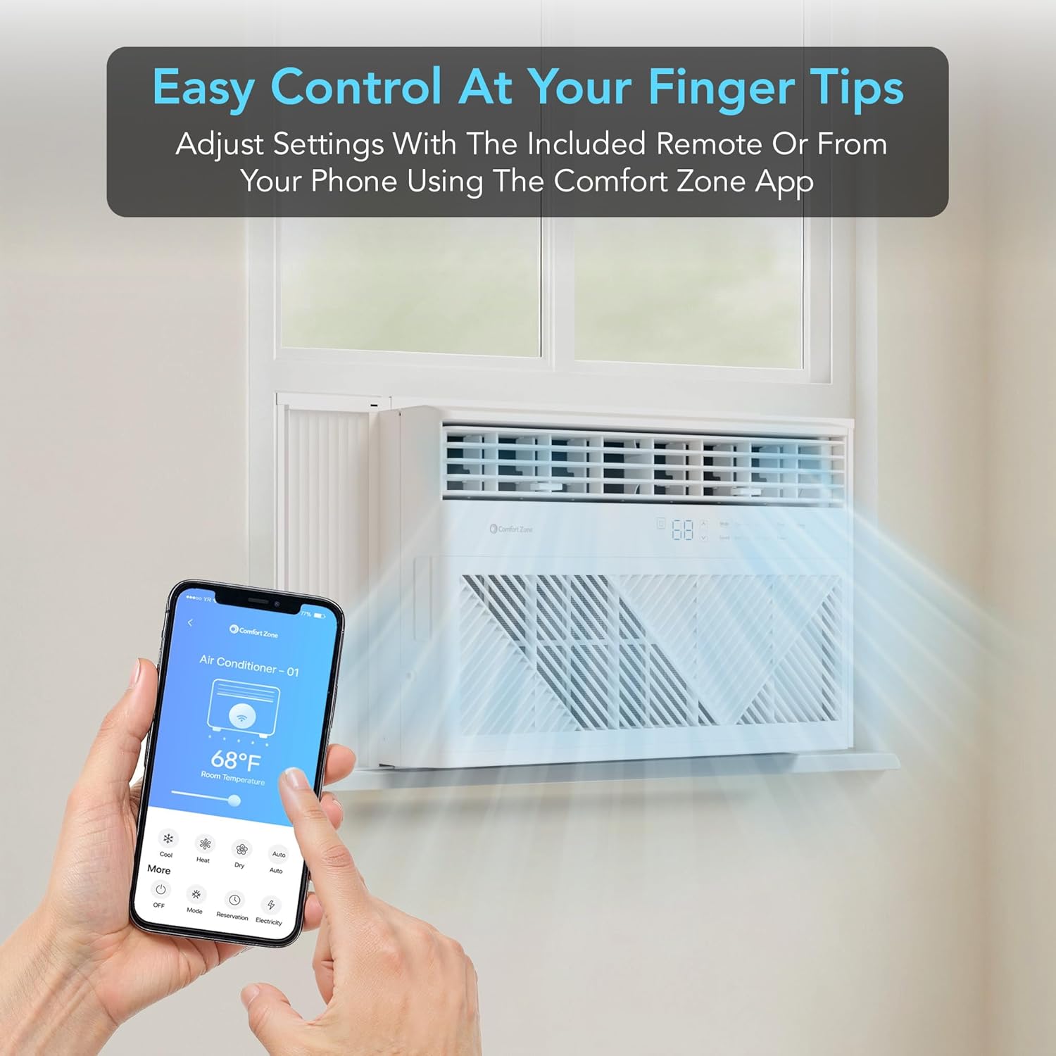 Comfort Zone Window Mounted Smart Wi-Fi Room Air Conditioner with Remote Control, 12,000 BTU, Digital Display, 4 Speed Settings, 4 Mode Settings, 24-Hour Timer, Sleep Setting, and Eco Mode, White