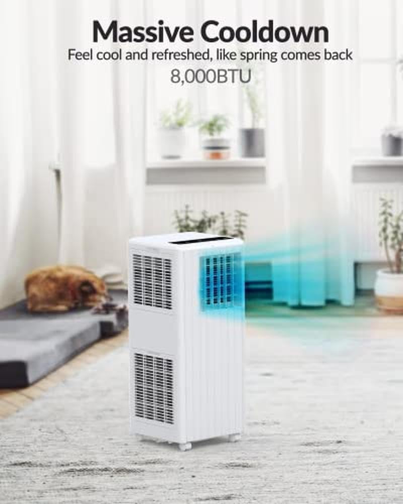 Portable Air Conditioner, 8000 BTU for Rooms Up to 350 Sq Ft. Smart Portable AC Unit with Follow Me Remote, 3 Modes Ac Unit Suitable for Bedroom, Living Room, Office