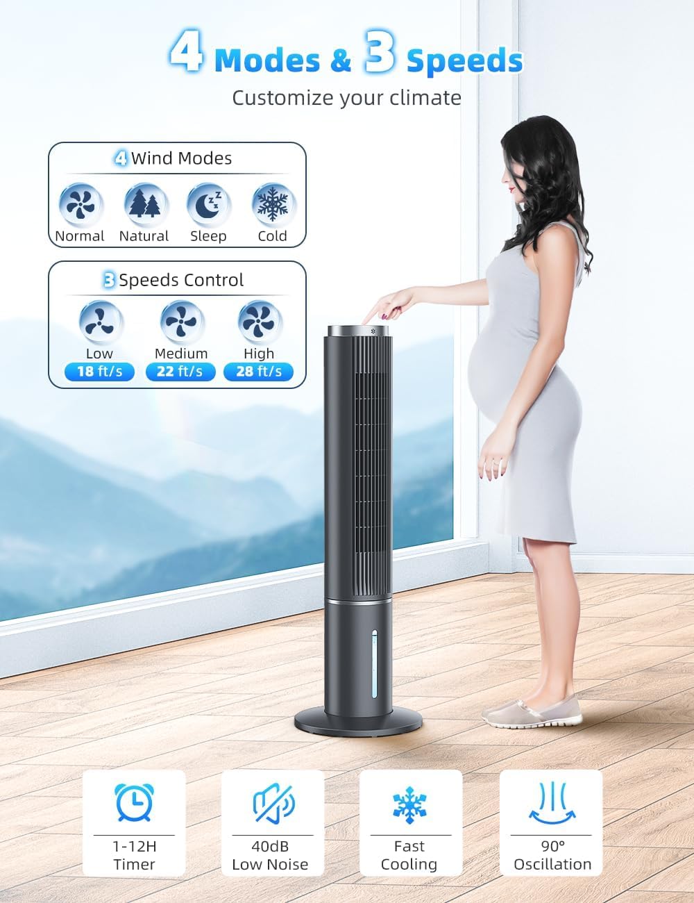 42 INCH Windowless Portable Air Conditioners w/4 Modes & 3 Speeds, 1-Gal Tank for 15H Cooling, 12H Timer, Swamp Cooler Air Conditioner No Window Needed, 90° Oscillating AC Unit for Bedroom