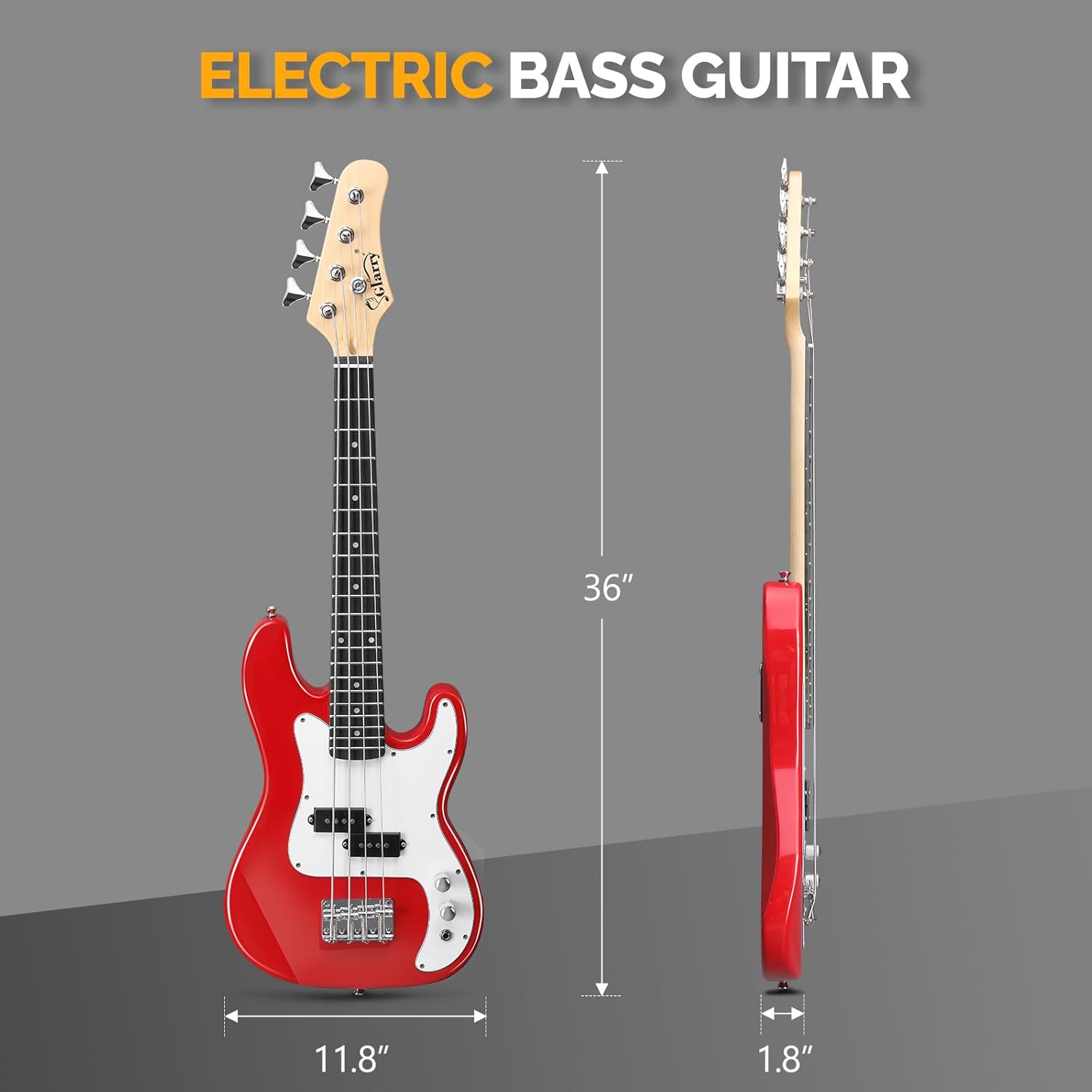 GLARRY 36in Electric Bass Guitar, 4 String Beginner Starter Kit with Accessories including Cable, Strap, Bag for Adults (Red)
