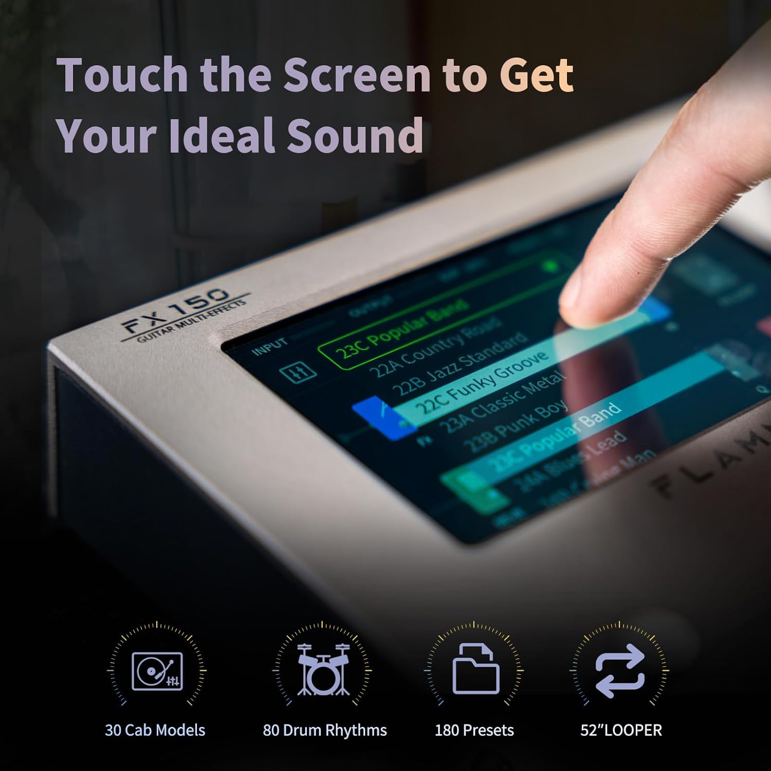 FLAMMA FX150 Multi Effects Processor Electric Guitar Pedal with Amp Modelling Cabinet Simulation Global EQ Touchscreen 160 Built-in Effects 180 Editable User Effects Slots Looper Main I/O Ports