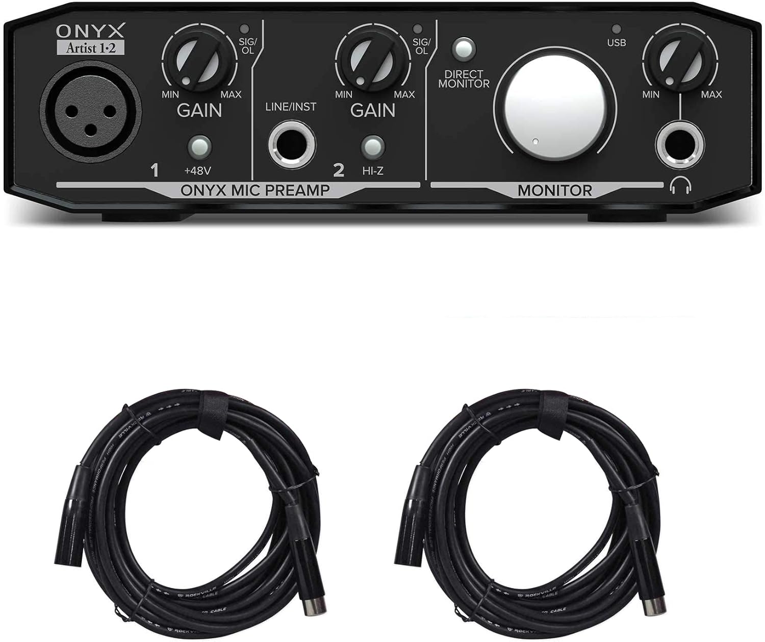Mackie Onyx Artist 1.2 2x2 USB Audio Recording Studio Interface Bundle with Rockville RCXFM20E-B 20 Foot Female to Male XLR Mic Cable Black 100% Copper
