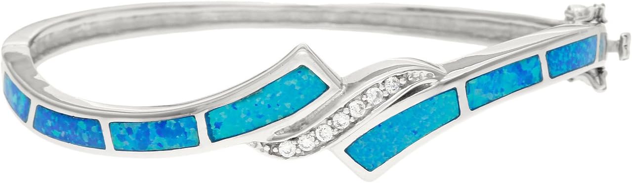 Sterling Silver Created Blue Opal & CZ Bangle