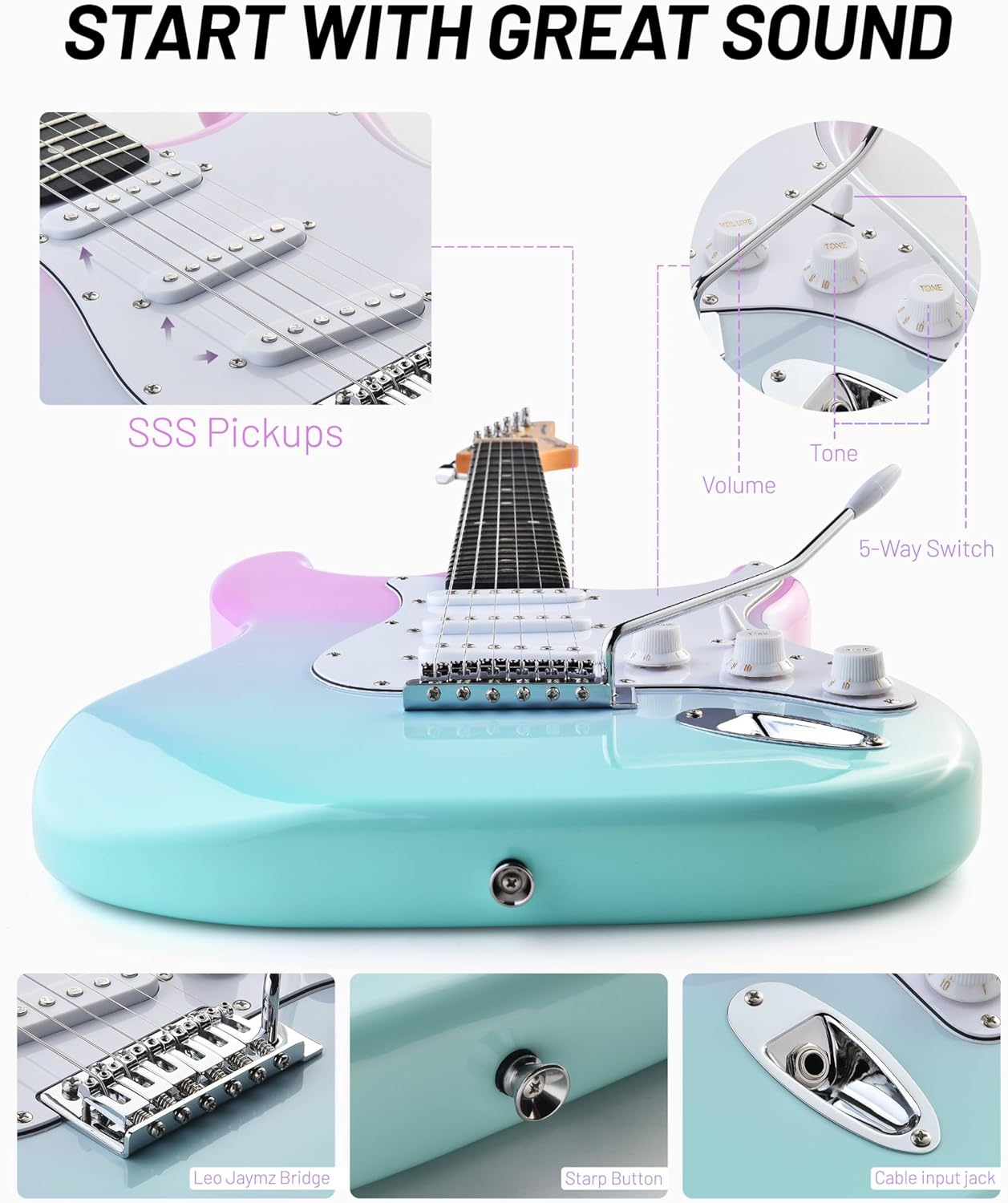 Leo Jaymz Beginner Electric Guitar Complete Kit with Portable Amp, Padded Gig Bag & Full Accessories, Maple Neck SSS Pickups(Pink-Cyan Fade)