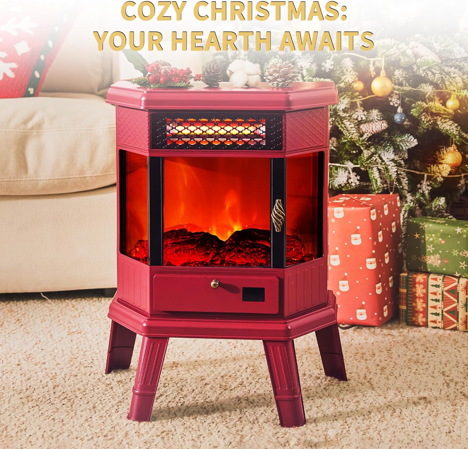 Electric Fireplace Heater 22 in Freestanding Fireplace Stove Infrared Fireplace RealSmart with 3D Flame Effect Remote Control, Timer, Overheating Protection Heater for Indoor Use Black (Christmas Red)