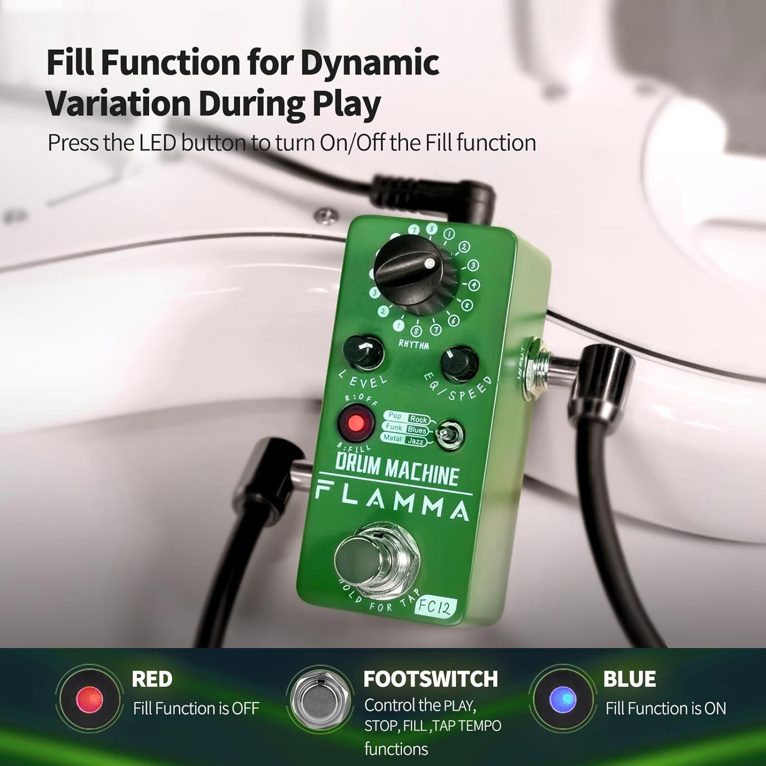 FLAMMA FC12 Drum Machine with Pedal Footswitch Toppers 5 Pcs One-Step Installation