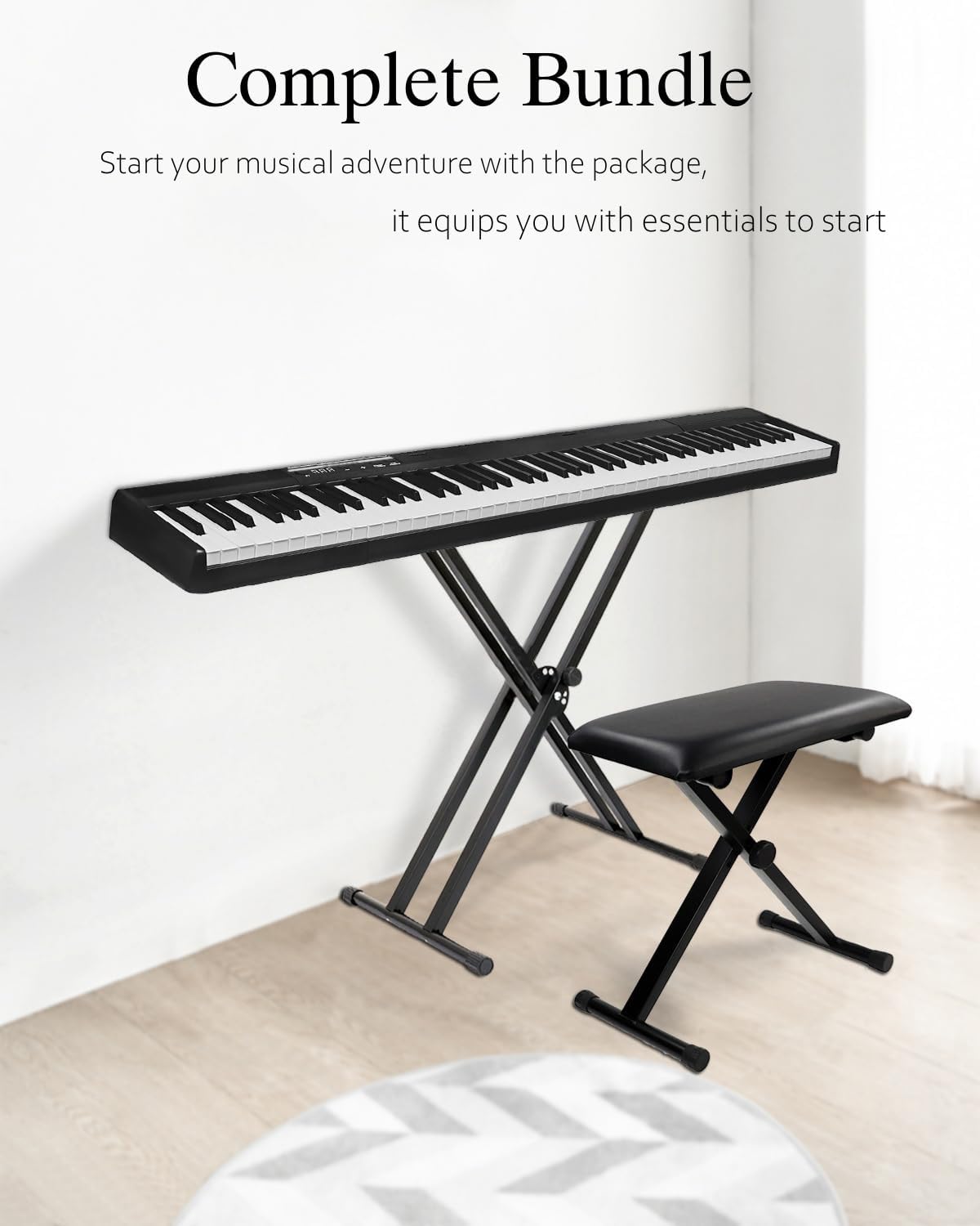 Longeye Piano Keyboard 88 Keys Set, Portable Digital Piano with Double-X Stand, Adjustable Keyboard Bench, Carrying Case, Sustain Pedal, Key Stickers, Music Rest, Headphones Black