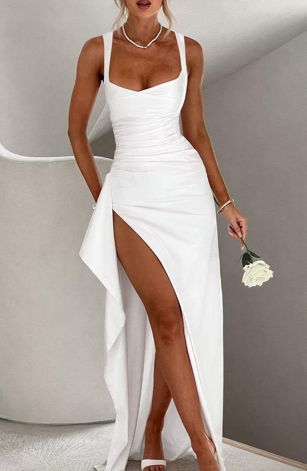 Satin Ruffle Prom Dresses Long for Women Spaghetti Straps Mermaid Slit Cocktail Dresses Formal Gowns for Teens