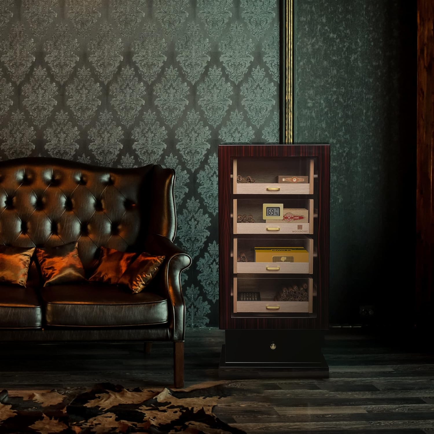 Woodronic Cigar Cabinet Humidor for 200-250 Cigars with Accessory Drawer, Crystal Humidifiers, USB Cables for Electric Humidifiers, Lock & Keys and Spanish Cedar Lining, Home & Commercial Display