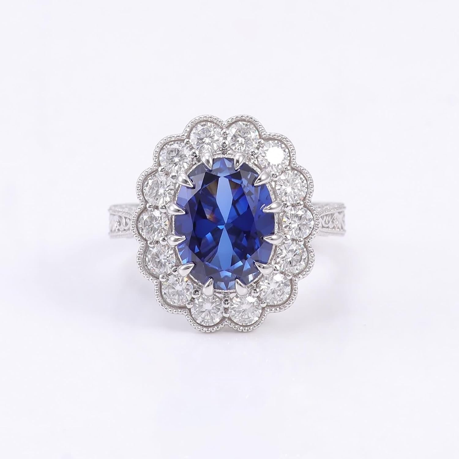 Flower Ring Women, Engagement Ring Vintage Created Sapphire Silver Band 9K White Gold for Wedding