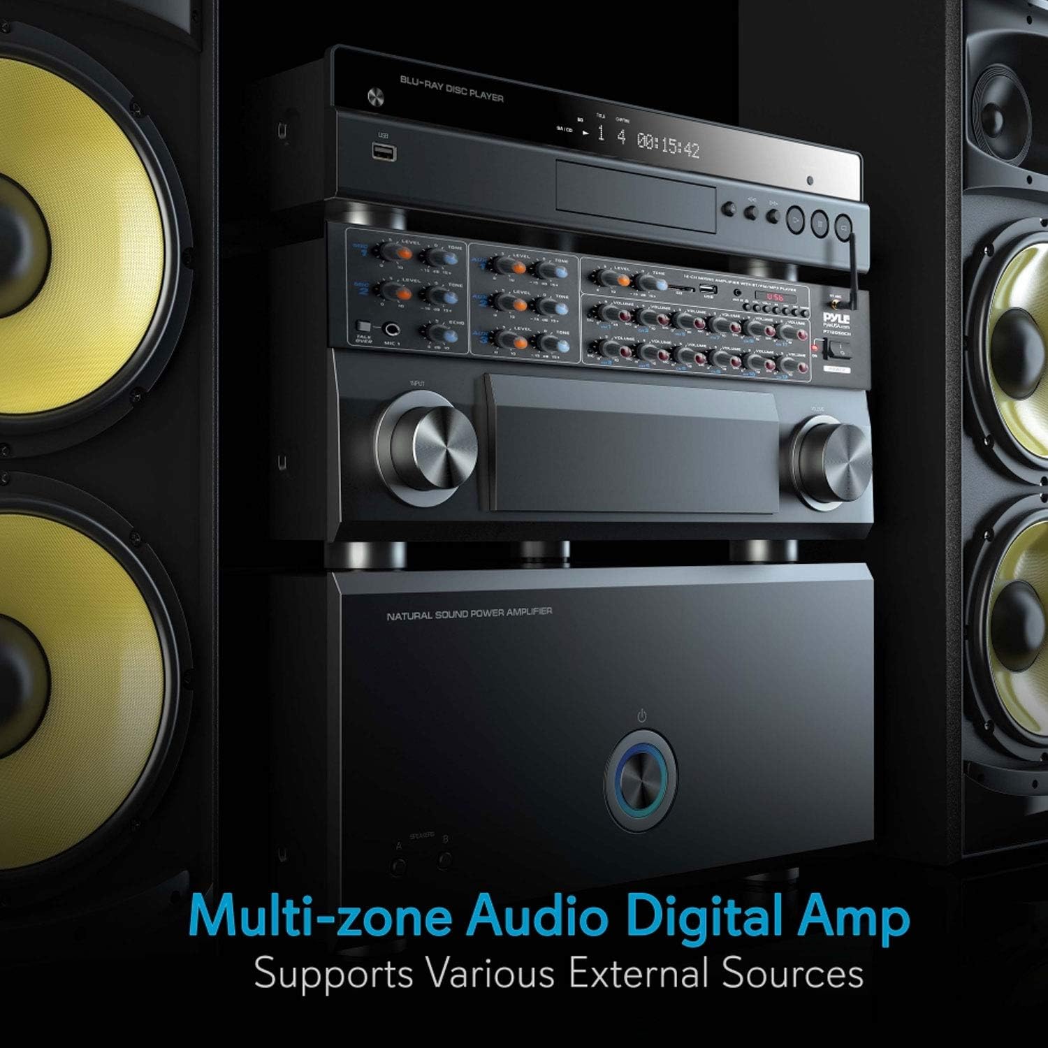 Pyle 12 Channel Power Amplifier w Bluetooth Wireless- 600W Max Power Rack Mount Amplifier with Multi-Zone Sound Mixer–RCA, USB and AUX inputs-Great for Restaurant, Theater, Studio or Stage- PT12050CH