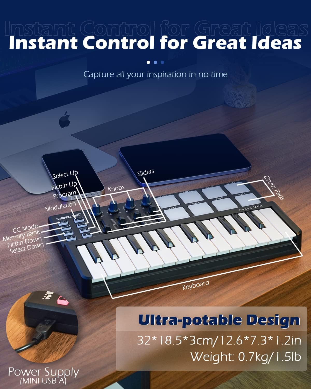 Vangoa MIDI Keyboard Controller 25 Keys and Electric Violin 4/4 Black