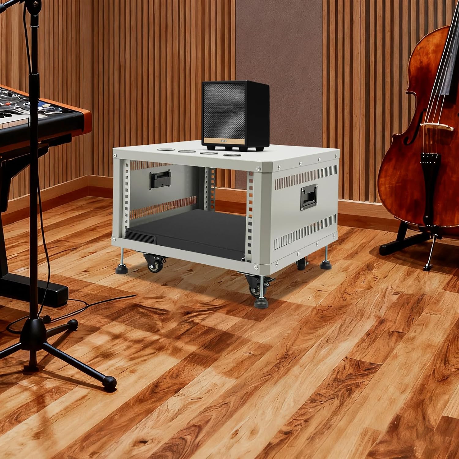 Network Audio Rack with Wheels, Steel Server Rack Cabinet for AV Equipment, Amplifiers, Network Gear, Rolling Universal Rack with Cable Management & Ventilation (Gray, 6U)