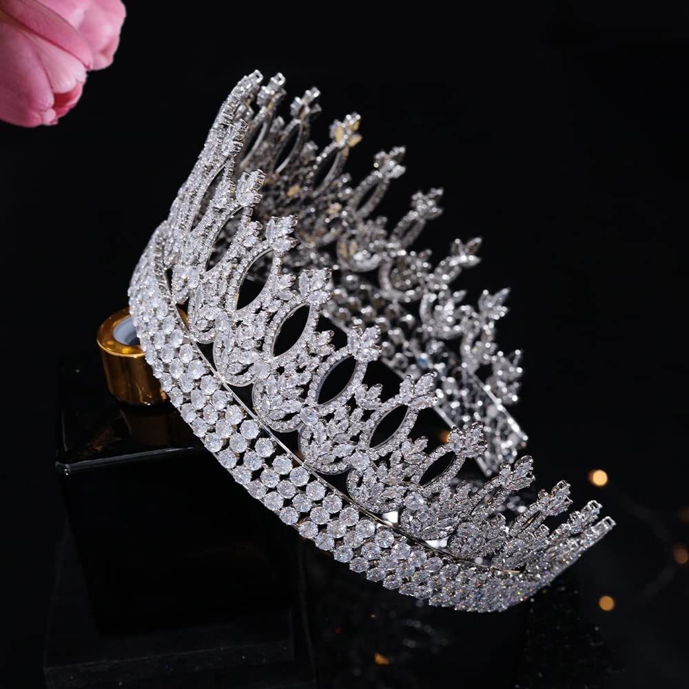 Jorsnovs Luxury Tall Round Wedding Crowns for Bride Queen Tiaras 5A Cubic Zirconia Birthday Princess Big Hair Accessories