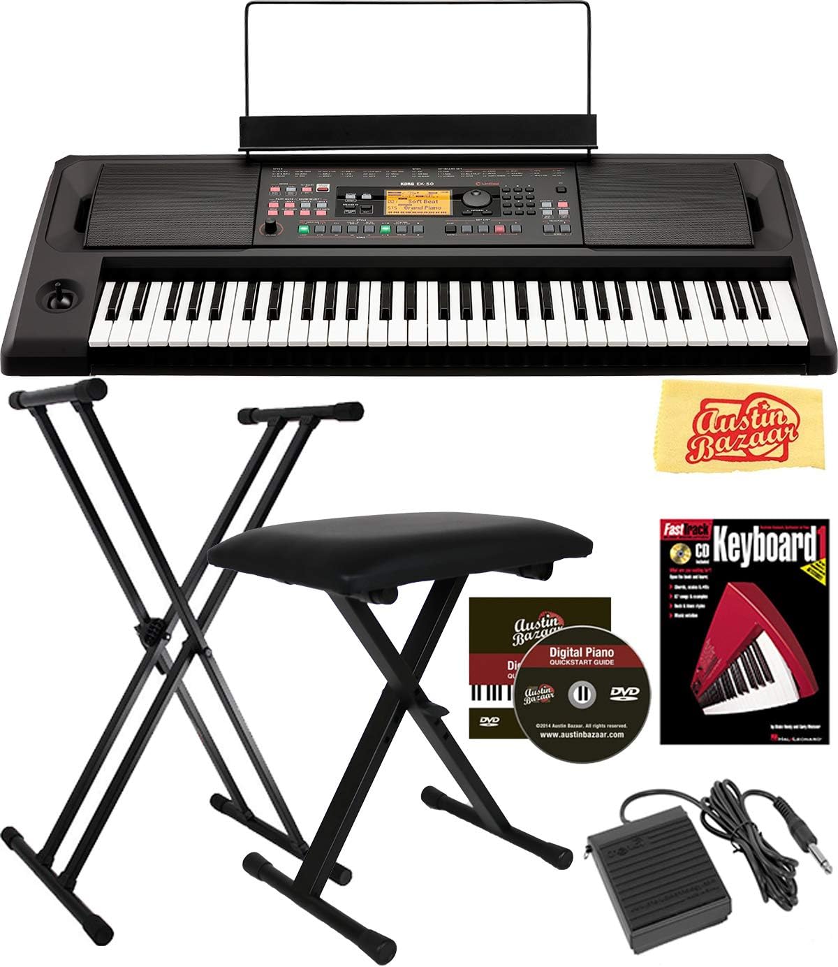 Korg EK-50L Limitless Entertainer Keyboard Bundle with Adjustable Stand, Bench, Sustain Pedal, Instructional Book, Austin Bazaar Instructional DVD, and Polishing Cloth
