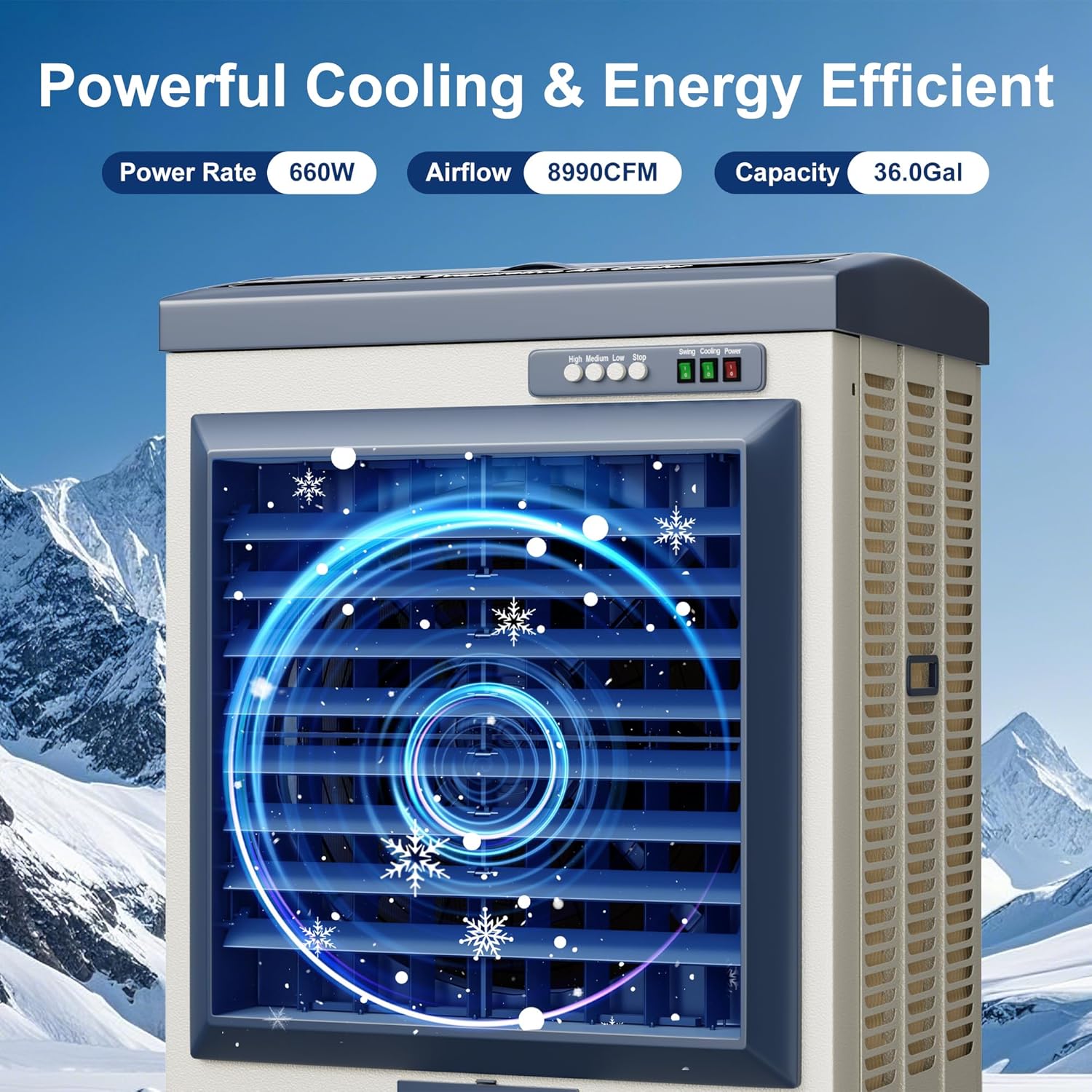 Swamp Cooler, 8990CFM Evaporative Air Coolers with 36 Gal Tank, Windowless Air Conditioner 3 Speeds for Outdoor Use, 58 Inch Air Cooler Water Fan for Patio, Garage, Shop, Commercial Grey