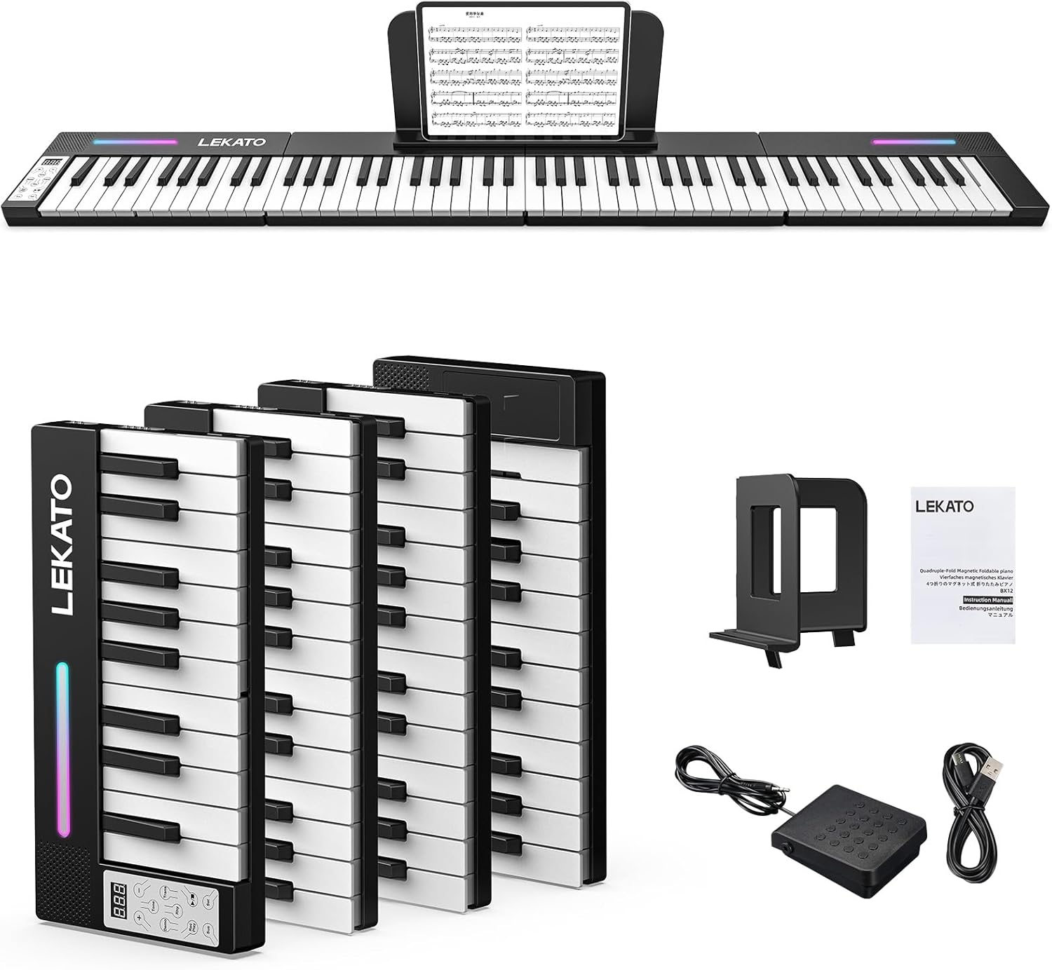 LEKATO Portable Piano Keyboard, 4 pcs Magnetic Electric Piano with Up to 88 Keys, 128 Tones, 128 Rhythm, 21 Demo, Split, Dual Tone, Record, Bluetooth MIDI, Headphone Jack, for Beginners Home Travel