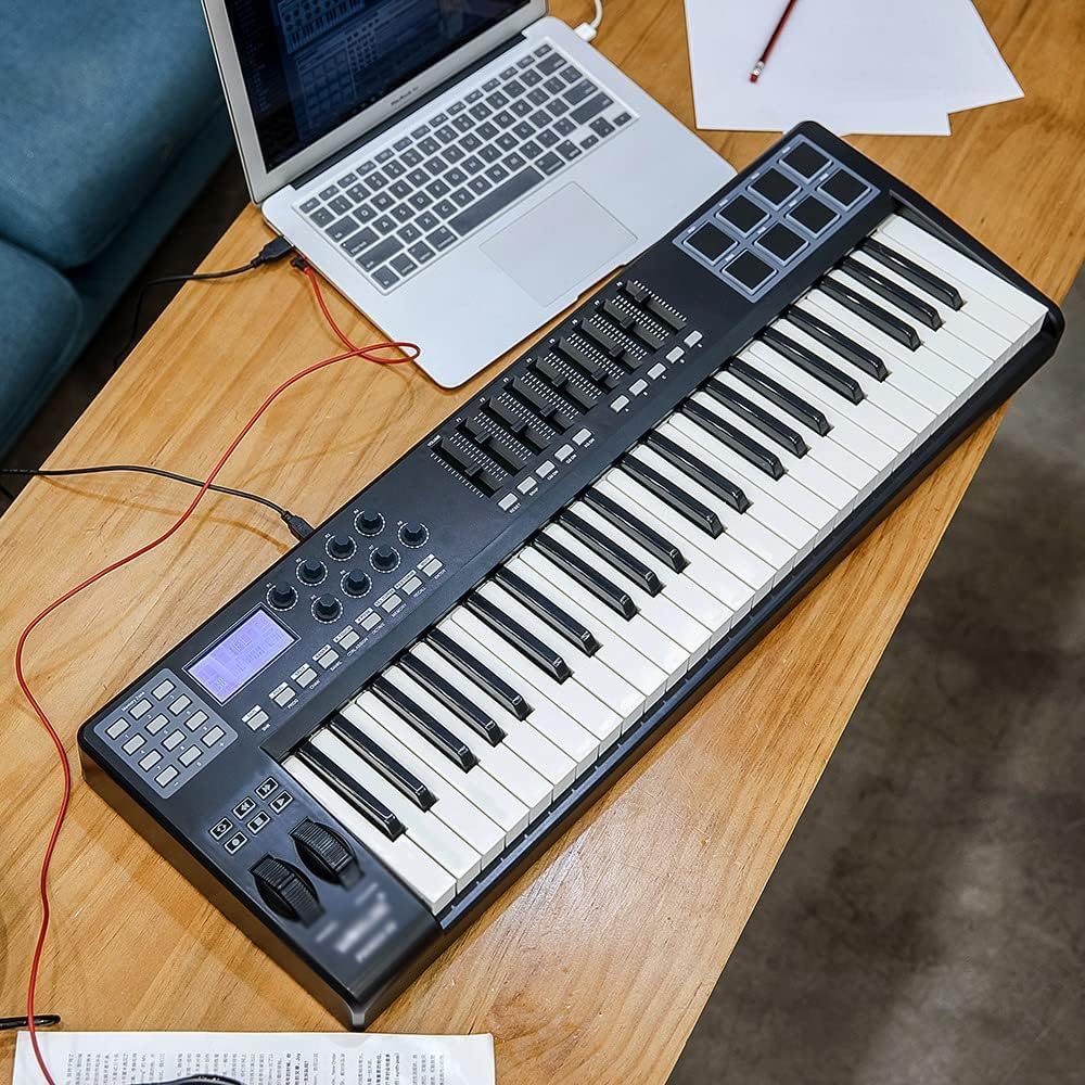 Keyboard Piano, Portable 49-Key USB MIDI Keyboard Controller 8 RGB Colorful Backlit Trigger Pads with USB Cable MIDI Keyboard