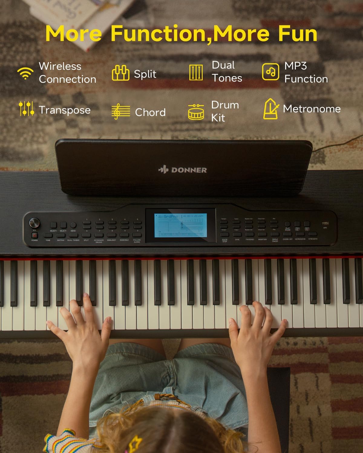 Donner DDP-95 Digital Piano with 88 Key Weighted Keyboard, Beginner Full Size Electric Piano Keyboard Boast Wireless Connection, 4.3