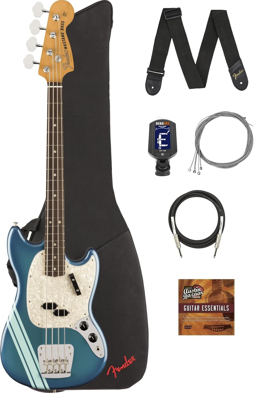Fender Vintera II '70s Mustang Bass - Competition Burgundy Bundle with Gig Bag, Cable, Tuner, Strap, Strings, and Austin Bazaar Instructional DVD