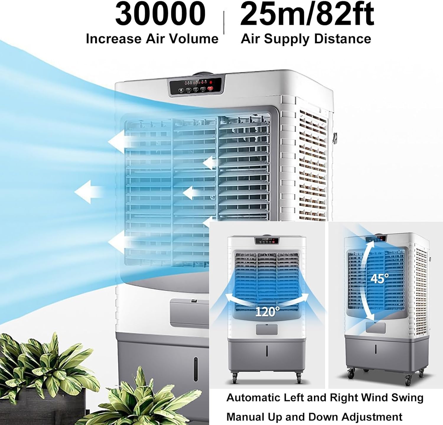 Outdoor Swamp Cooler, Portable Evaporative Air Cooler with Remote Control, 3 in 1 Air Conditioner, 55L Large Water Tank, Evaporative Air Cooler for Room, Industry Humidifier