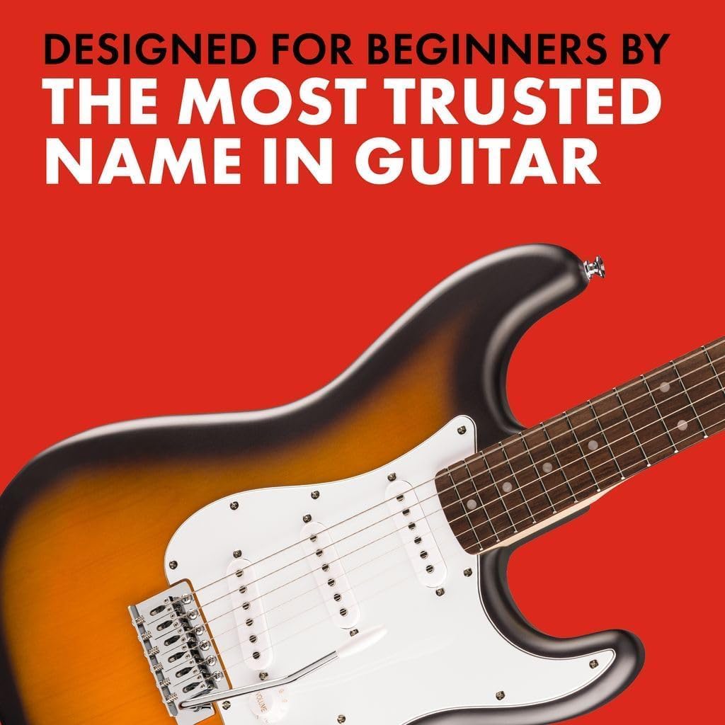 Fender Squier Debut Series Stratocaster Electric Guitar, Beginner Guitar, 2-Color Sunburst with Matte Finish + Fender Mustang Micro Headphone Amplifier