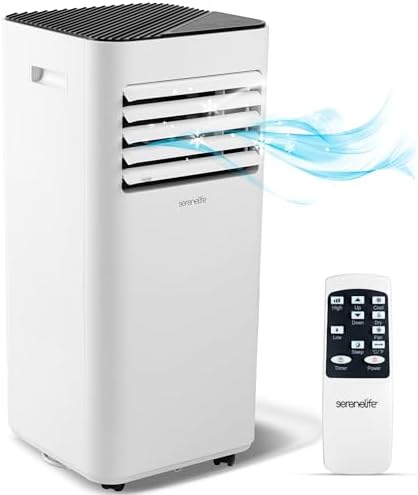 SereneLife 10000 BTU Portable Air Conditioner - Free-Standing A/C Unit w/Cooling, Dehumidifier & Fan, Energy Efficient, 320 Sq. Ft. Coverage, Includes Window Mount Kit & Wheels, 11x11x27 IN (White)