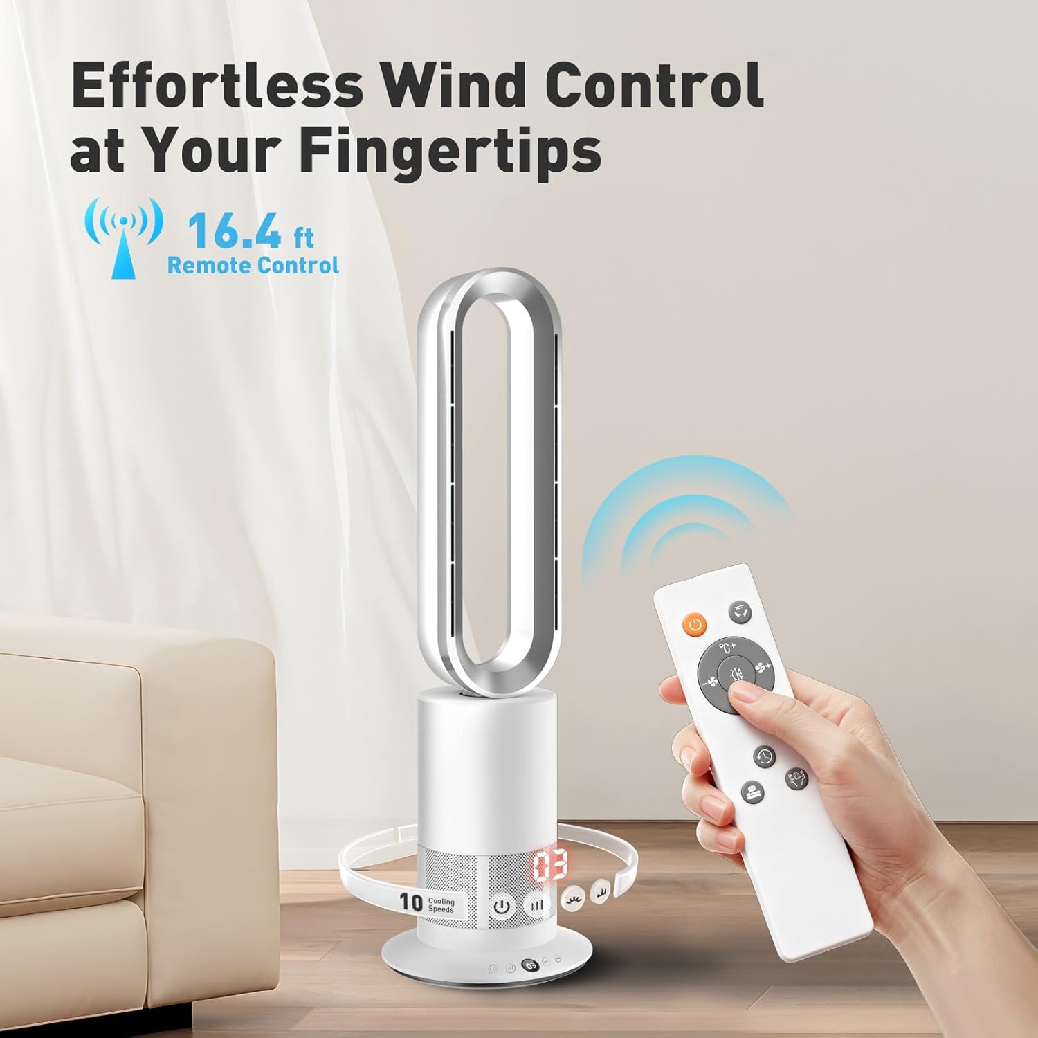 TP09Plus Bladeless Tower Fan, 2-in-1 Space Heater & Cooling Fan with Remote & Touch Control, 10 Cooling + 3 Heating Modes, Ultra-Quiet DC Motor for Bedroom & Home Office
