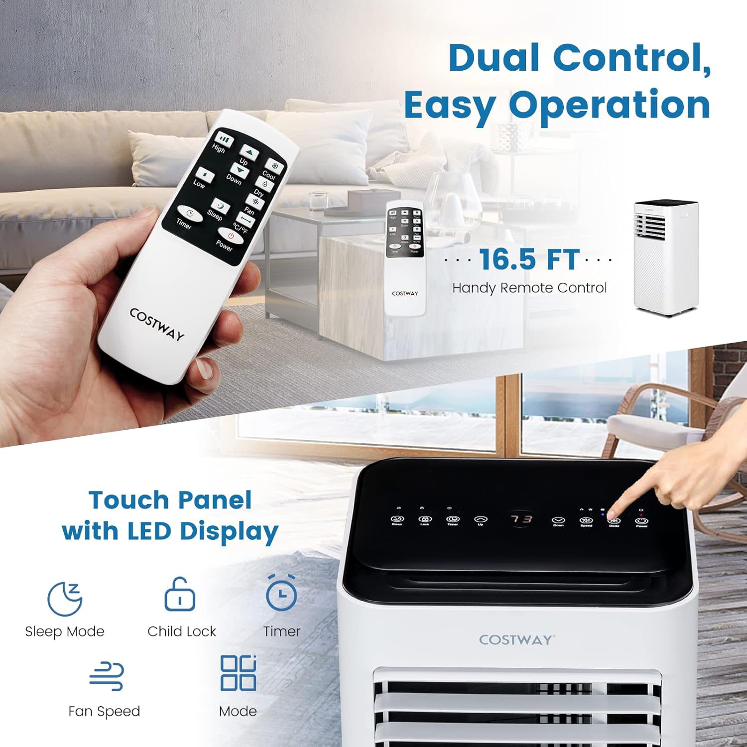 COSTWAY Portable Air Conditioner, 10000 BTU AC Unit with Cool, Fan, Dehumidifier & Sleep Mode for Rooms up to 350 Sq.Ft, with 24H Timer, Child Lock, Remote Control & Window Kit (White and Black)