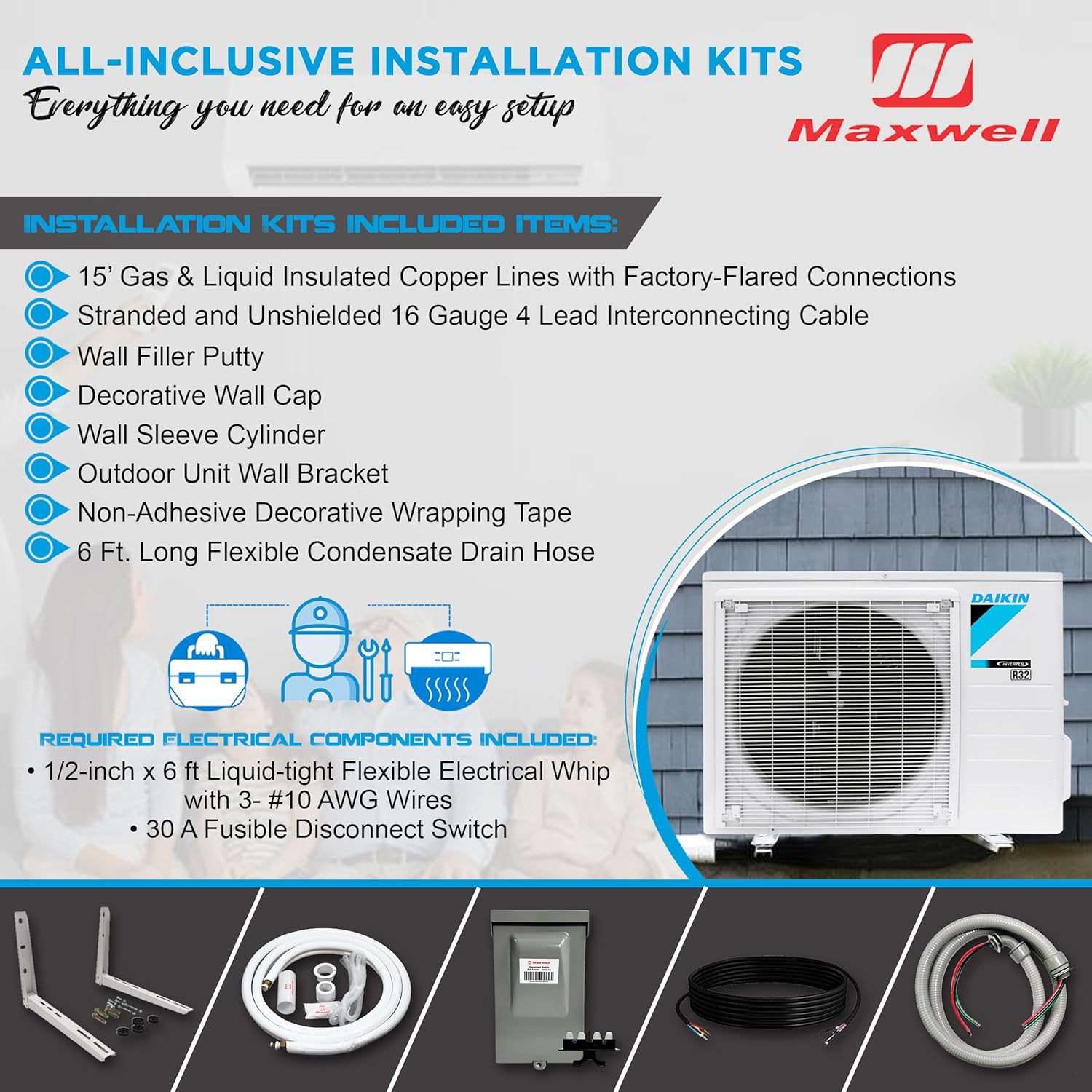 Daikin 9,000 BTU 18 SEER2 Ductless Mini-Split Wall Mount Heat Pump Air Conditioner - R32 w/ 15' Installation Kit, 1/2 Whip, 30A Disconnect, and Wall Bracket