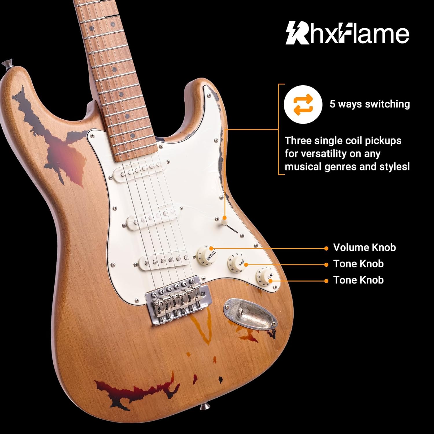 6 Strings Heavy Vintage Sunbust Electric Guitar, Alder Body, Roasted Maple Neck, Rounded Frets, Vintage Tuners, Professional/Full Size/Electric Guitars for Adults