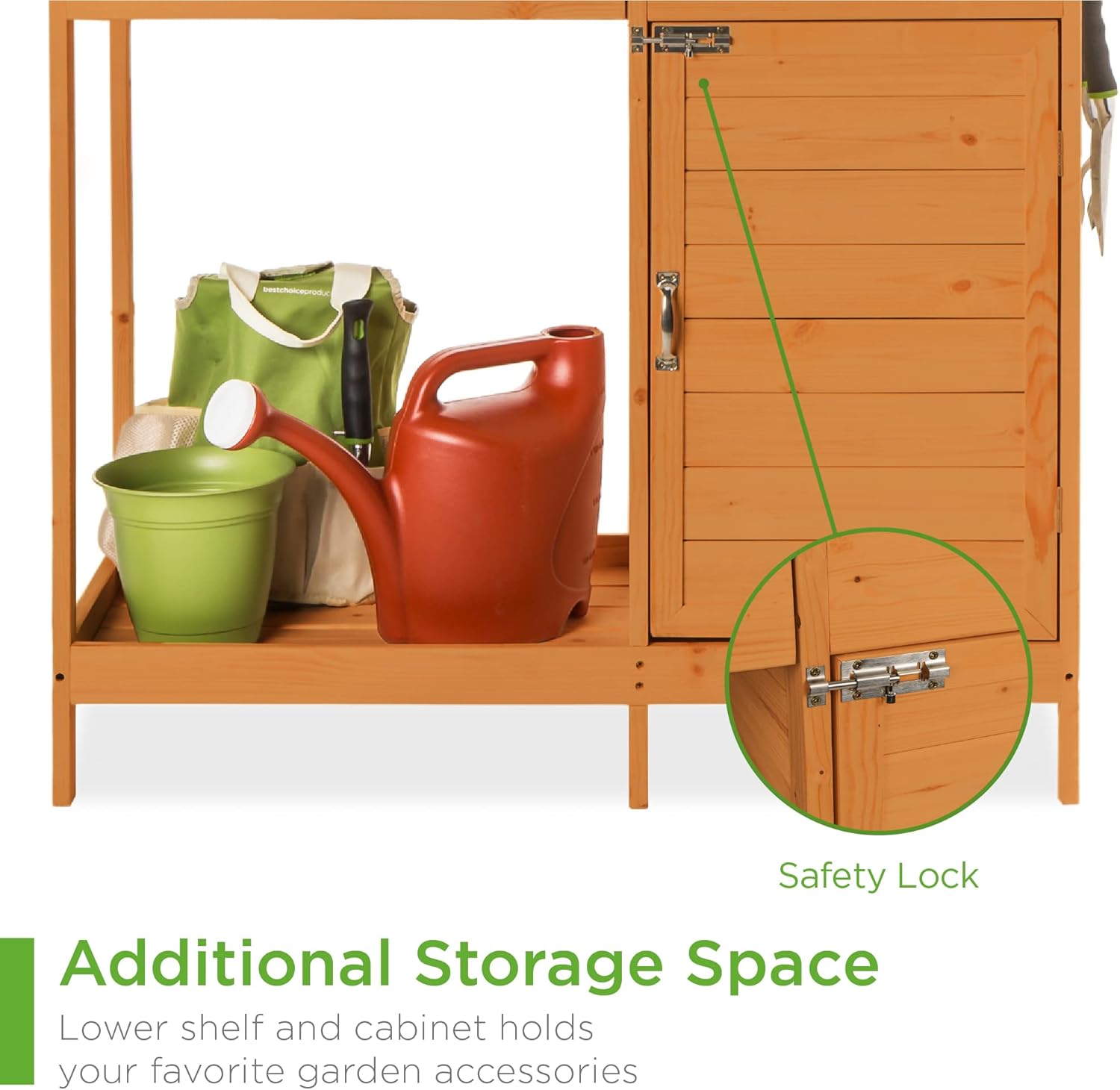 Best Choice Products Outdoor Garden Wooden Potting Bench Work Station w/Metal Table Top, Pre-Stained Finish, Cabinet, Sliding Drawer, Large Bottom Shelf - Brown