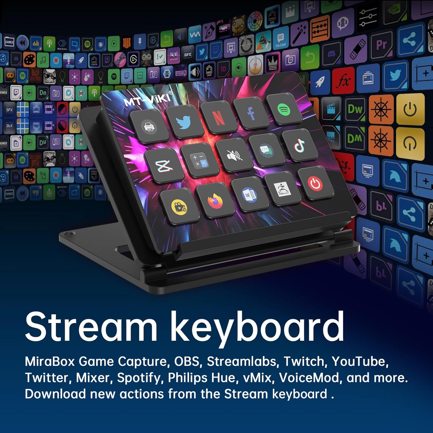 MT-VIKI Streaming Keyboard with 15 Macro Keys Customizable, Trigger Actions In OBS Twitch YouTube, Compatible with PC & Mac