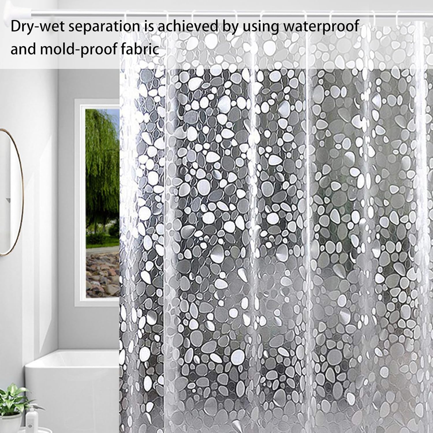Folding Shower Curtain Rod Set,Grey Wall Mount Retractable Shower Curtain,EVA Clear Shower Curtain Adjustable Angle Folding Curtains, L shaped Corner Shower Curtain Rod(Pebble 3-Fold 70.9