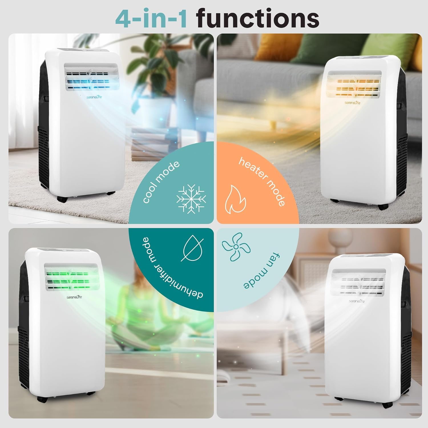 SereneLife Portable Air Conditioner With Heat & Built-in Dehumidifier 10,000 BTU, Portable Heater & AC For Rooms up to 450 Sq Ft - Remote Control & Window Mount Exhaust Kit Included