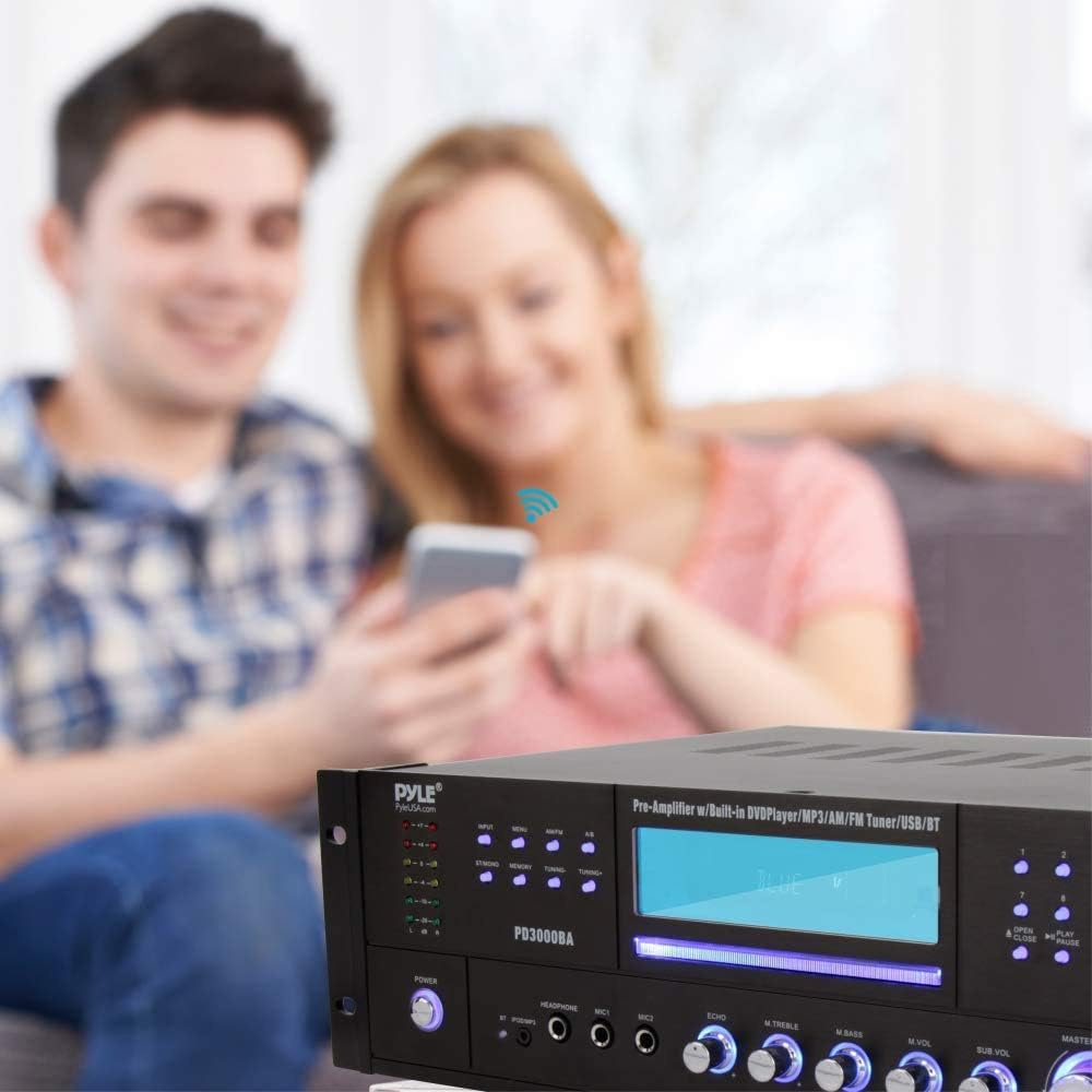 Pyle 4 Channel Wireless Bluetooth Amplifier - 3000 Watt Stereo Speaker Home Audio Receiver w/ FM Radio, USB, 2 Microphone w/ Echo for Karaoke, Front Loading CD DVD Player, LED, Rack Mount - PD3000BA