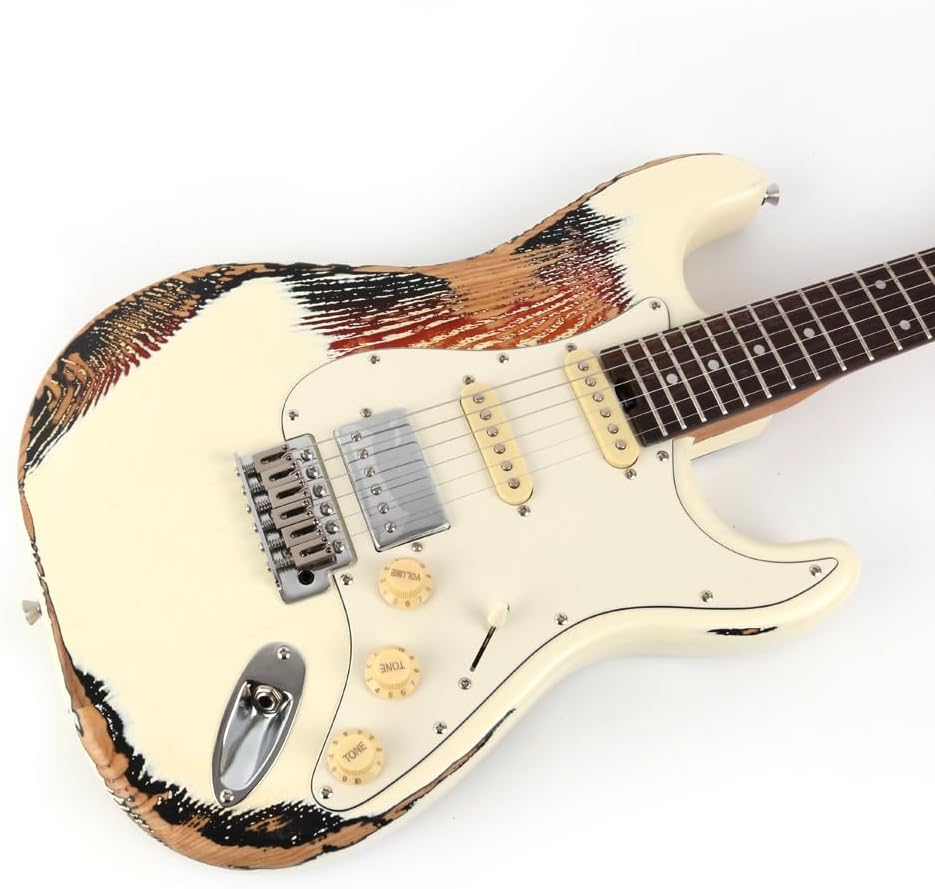 Fojill FSTR-60 Heavy Relic Solid Body Electric Guitar Roasted Canadian Maple Neck Real Rosewood Fretboard Fingerboard Elm Body Stainless Fret(Cream)