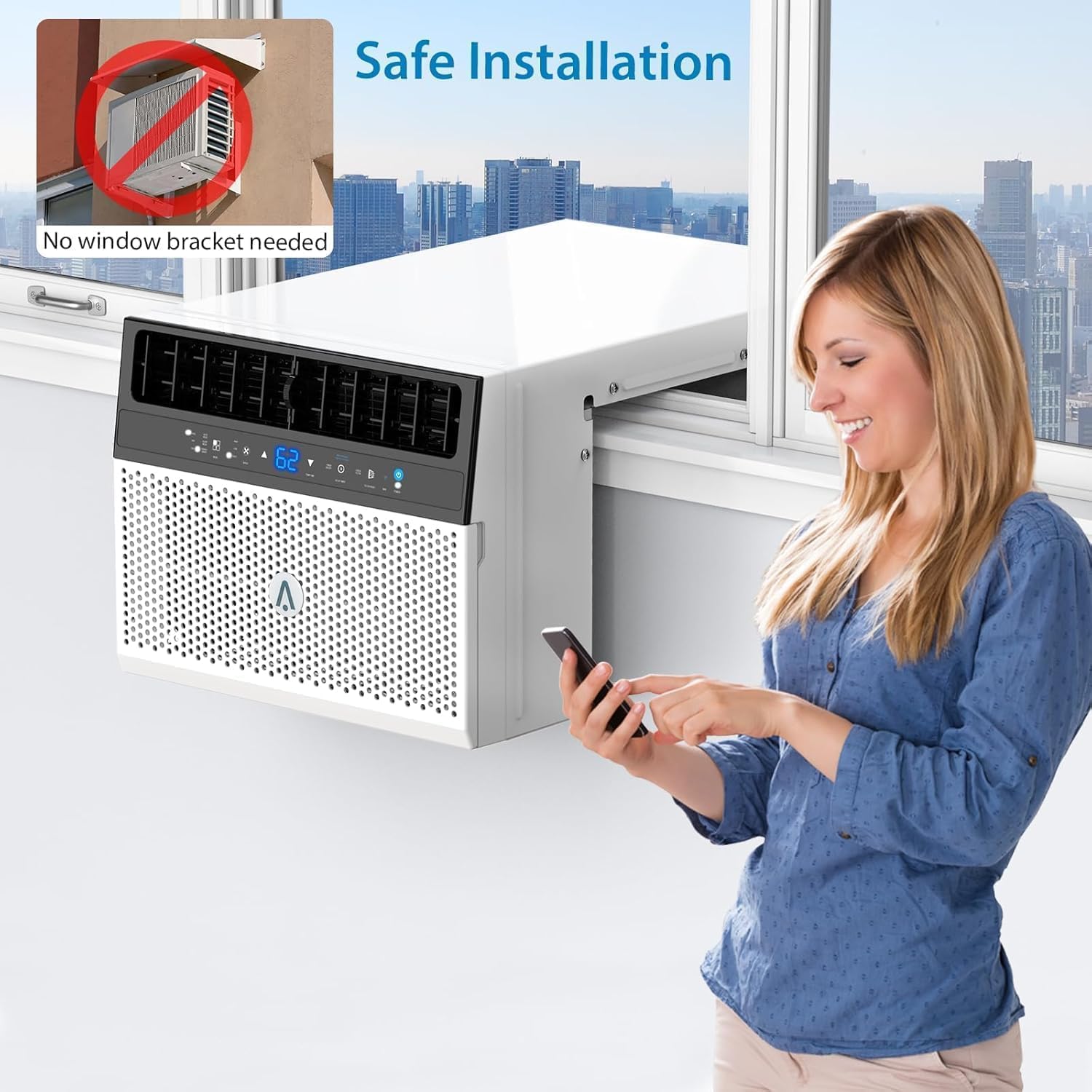 Air Conditioner Window Unit- 6000 BTU Ultra Quie&Window Air Conditioner Cools 350 Sq.Ft. - WiFi App Control, 6 Cooling Modes, Sleep Mode, for Bedroom/Office - Easy Install & Remote Access