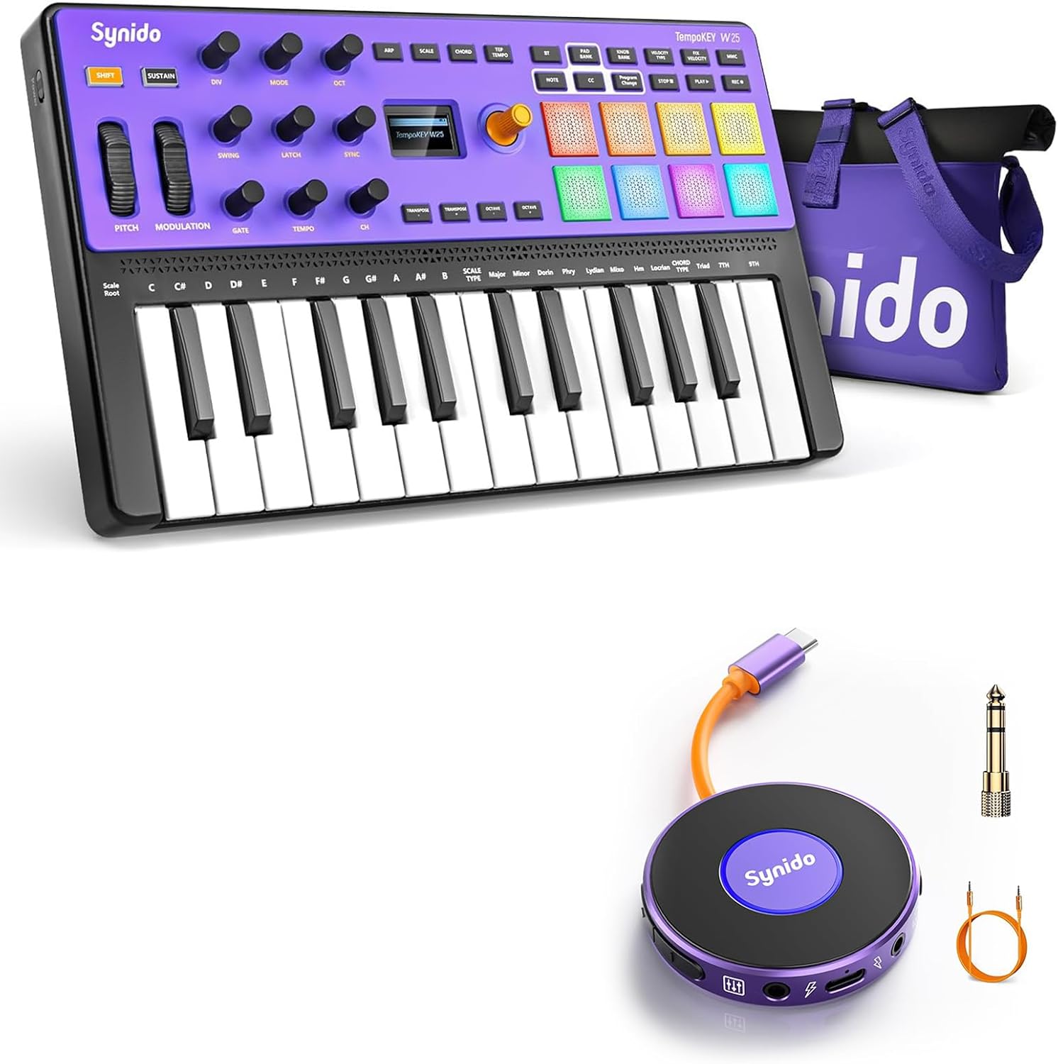 Synido USB C MIDI Controller Keyboard 25 Keys Wireless MIDI Rechargeable with 8 Velocity RGB Pads and Portable Guitar Audio Interface
