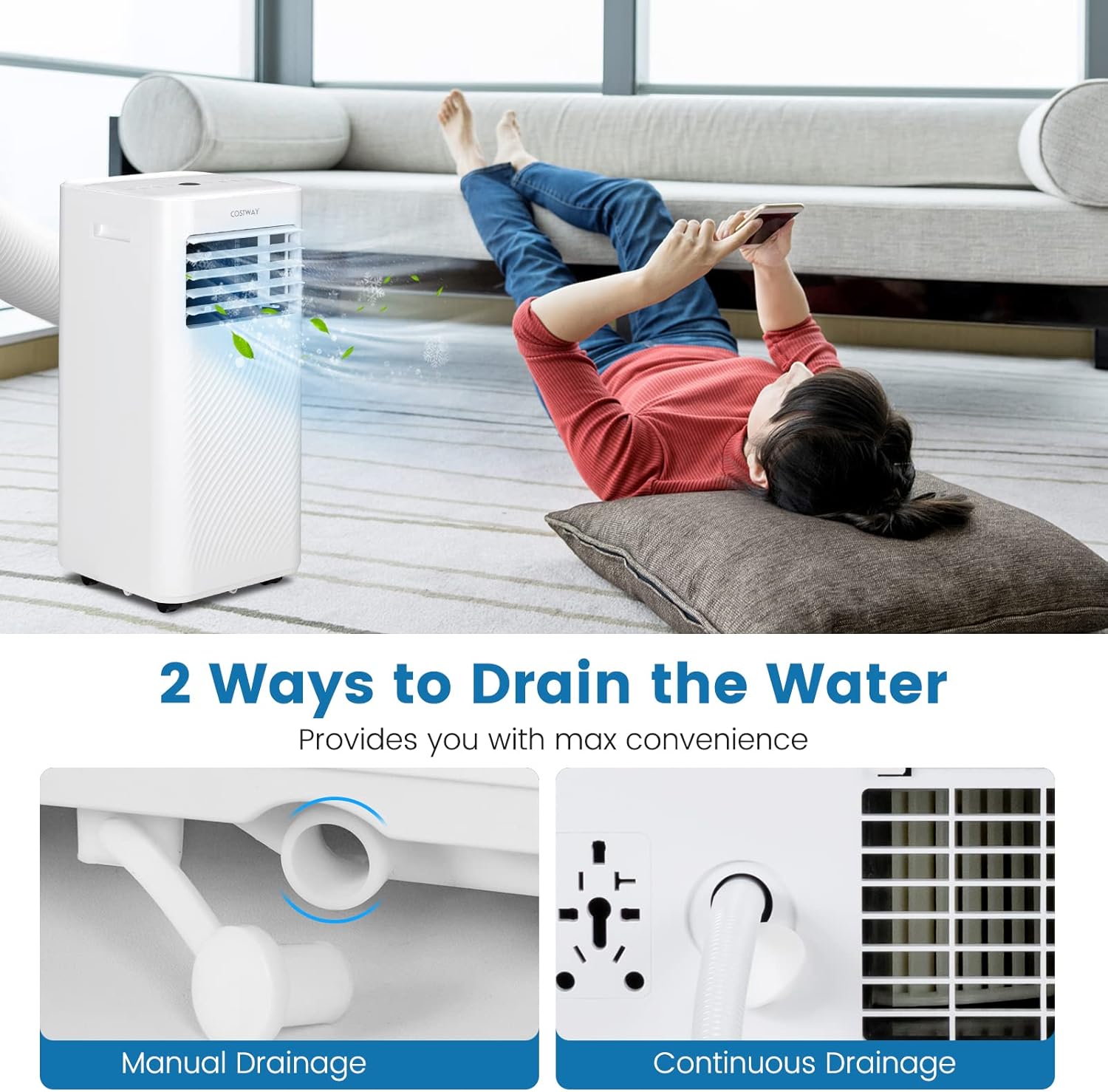 COSTWAY Portable Air Conditioner, 10000 BTU AC Unit with Cool, Fan, Dehumidifier & Sleep Mode for Rooms up to 350 Sq.Ft, with 24H Timer, Child Lock, Remote Control & Window Kit (White)