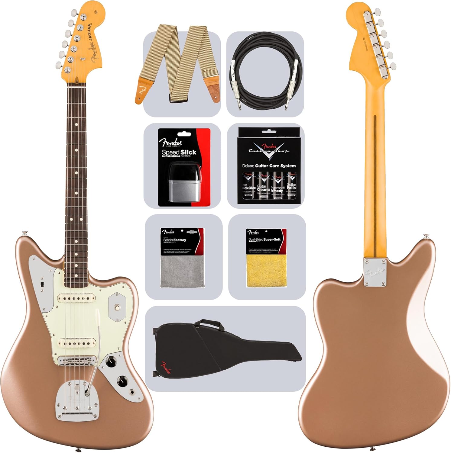 Fender American Professional Classic Jaguar - Faded Firemist Gold Bundle with Gig Bag, Strap, Cable, and Guitar Cleaning Kit