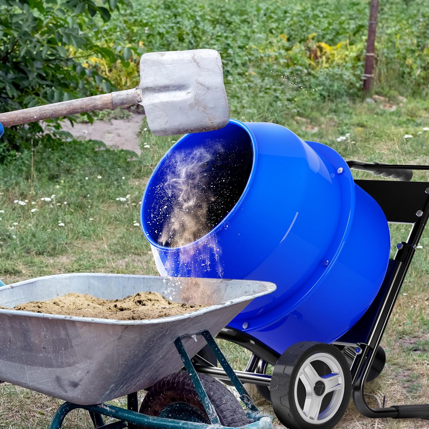 Electric Concrete Mixer, 5.3 Cubic Ft, 1HP. 750W Portable Electric Poly Drum Concrete Mixer, Heavy Duty Power Cement Mixing Machine for Mortar, Stucco and Fodder