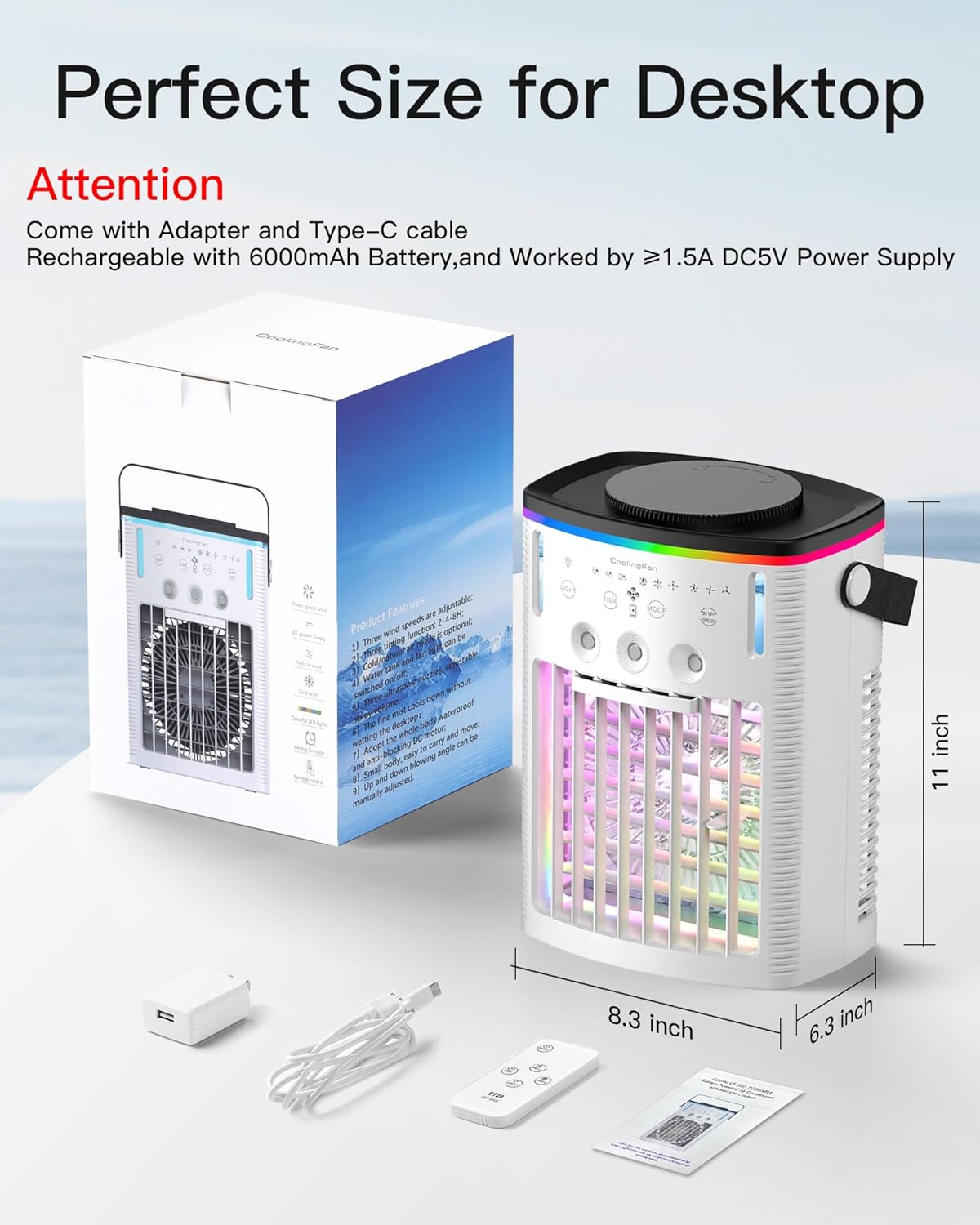 Battery Powered Air Conditioner 6000mAh,Rechargeable Small Air Conditioner for Room,Personal Air Cooler with Mist,Timer,Light,Portable Mini AC Unit Cooling Fan for Camping,Tent,Car,Desktop,Bedroom