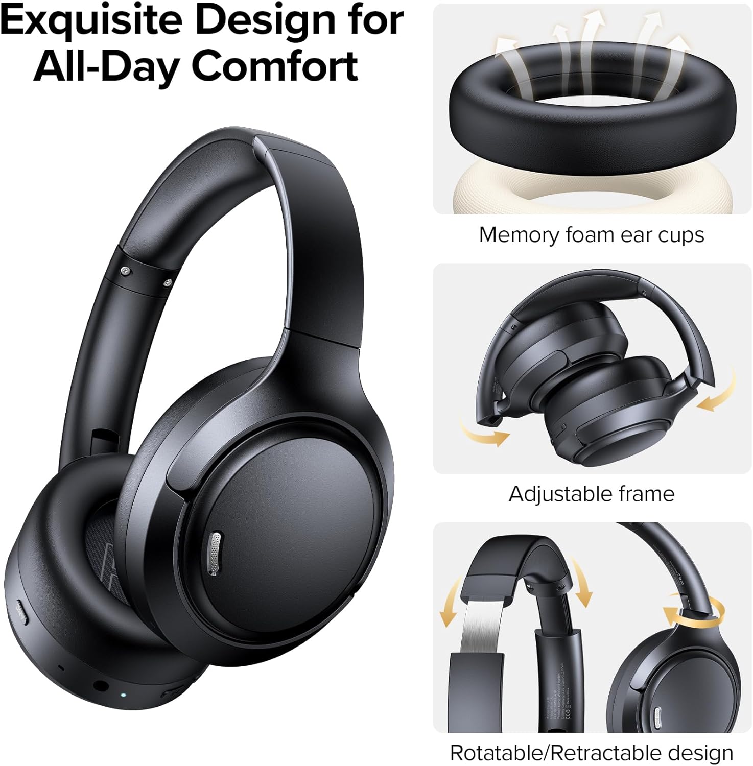 Hybrid Active Noise Cancelling Headphones Wireless, 120Hrs Playtime, 6 ENC Clear Mic, Over Ear Bluetooth Headphones with Hi-Res Audio Comfort Earcup Foldable ANC Headphone for Travel Game Home Office