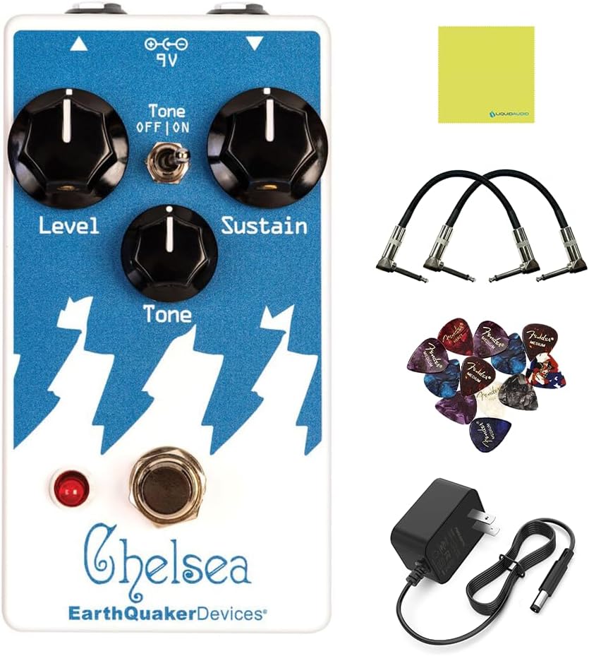 EarthQuaker Devices Chelsea Low End Fuzz Driver Pedal Bundle with 2x Right Angle Patch Cables, 9V Power Adapter, 12x Guitar Picks & Polishing Cloth – Bass-Optimized Distortion with Massive Low End
