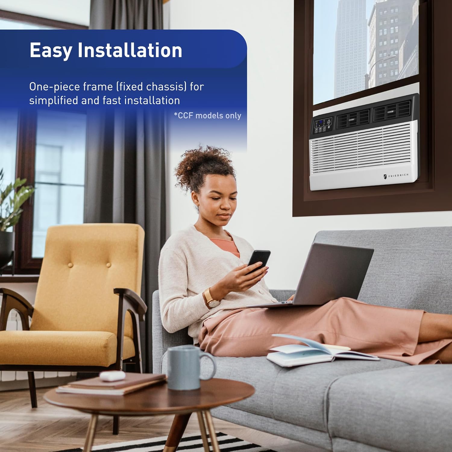 Friedrich 6,000 BTU Window Air Conditioner with Remote, Cools Rooms up to 250 Sq. Ft., Quiet, Energy Efficient, AC Unit for Bedroom or Living Room Bundle with AUX Power Strip & 1 Year CPS Protection