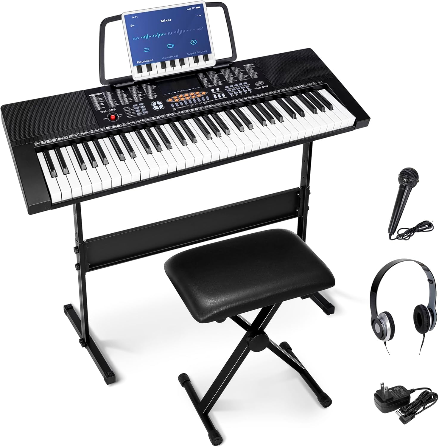 Smartxchoices 61-Key Electronic Keyboard Piano Stand Portable LED Display Keyboard Kit with Adjustable Stand, Adjustable Stool, Headphones, Microphone & Music Rest