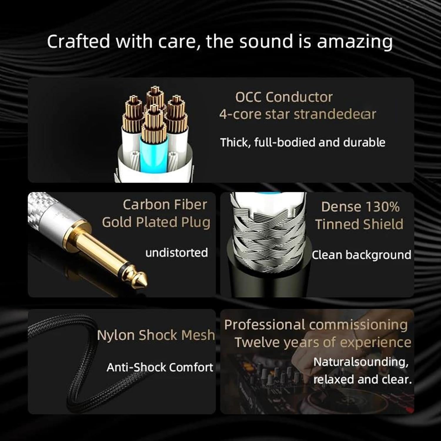Guitar Audio Cable 6.35mm Aux Guitar Cable Gold Plated Mono 6.35 TS Male to 6.35 TS Male Guitar Amplifier Cable(1m)
