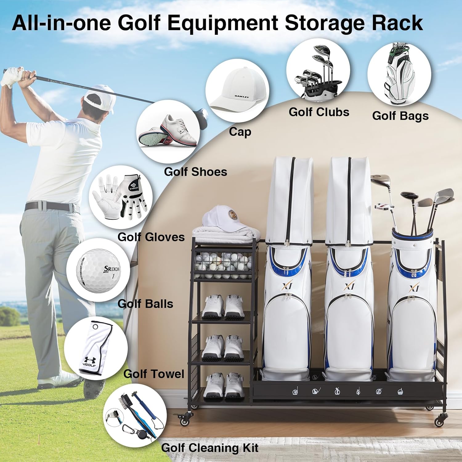 Lauren&Harold Golf Bag Organizer Garage Storage, Golf Storage Rack Stand Fits 2 Golf Bags, Golf Clubs and Other Golfing Equipment Accessories, Golf Organizer for Garage, Club, Shed, Basement