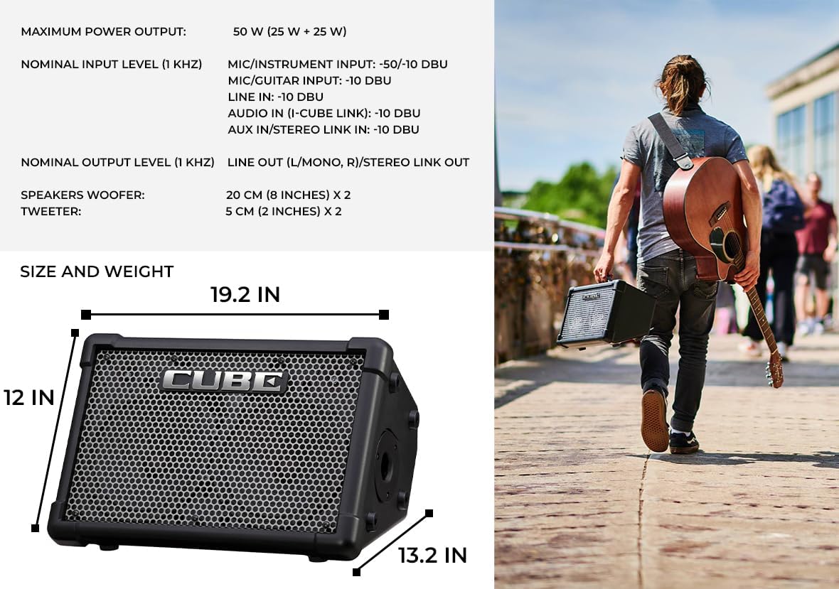 Roland Cube Street EX 4-Channel 50-Watt Battery-Powered Amplifier Bundle with Microphone, Instrument Cable, Batteries, and Austin Bazaar Polishing Cloth
